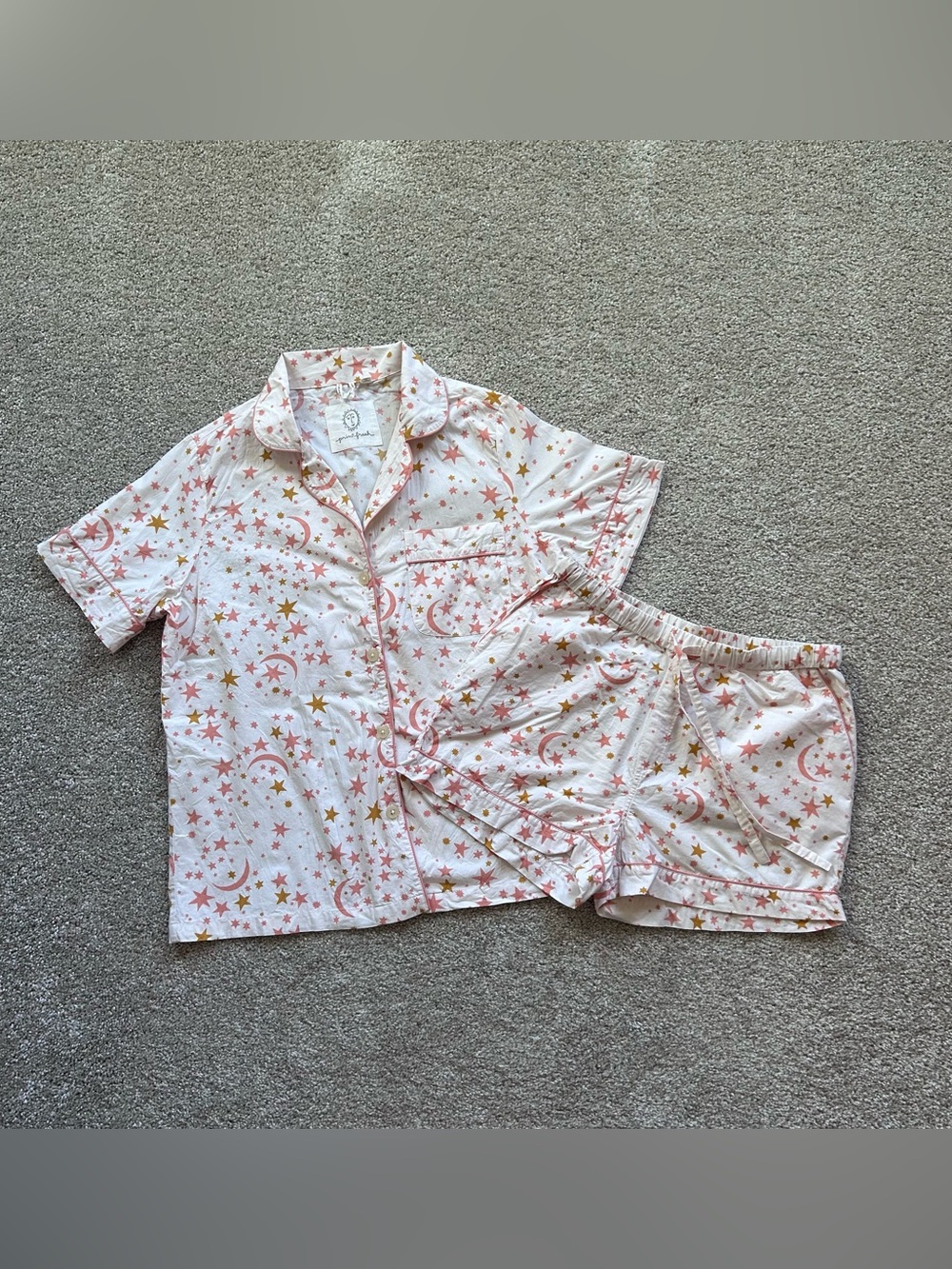 Printfresh Celestial Stars Moon Pajama Set XS Pink Gold Cotton Short Sleeve - Picture 2 of 12